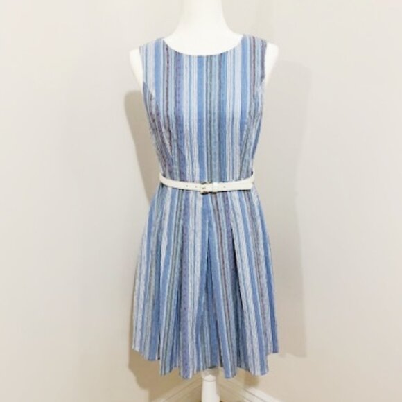 Tommy Hilfiger A-Line Dress Light Blue Striped Sleeveless Textured Belted 8P - Picture 1 of 9